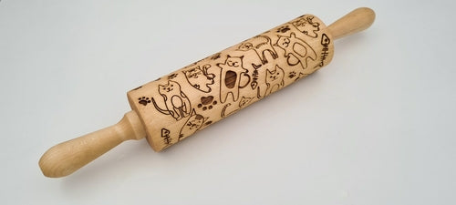 Rodillo Grabado de Madera Natural con Diseño de Gatos