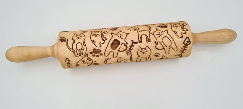 Rodillo Grabado de Madera Natural con Diseño de Gatos