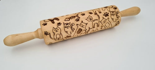 Rodillo Grabado de Madera Natural con Diseño de Gatos