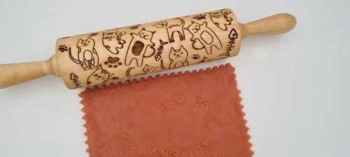 Rodillo Grabado de Madera Natural con Diseño de Gatos