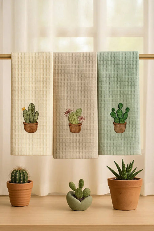 Toalla de Cocina Bordada con Diseño de Cactus (40 x 60 cm)